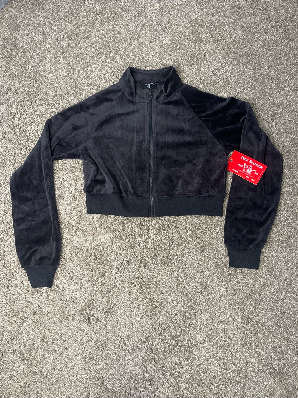 True Religion Black Velour Cropped Zip Bomber Jacket size XL NWT